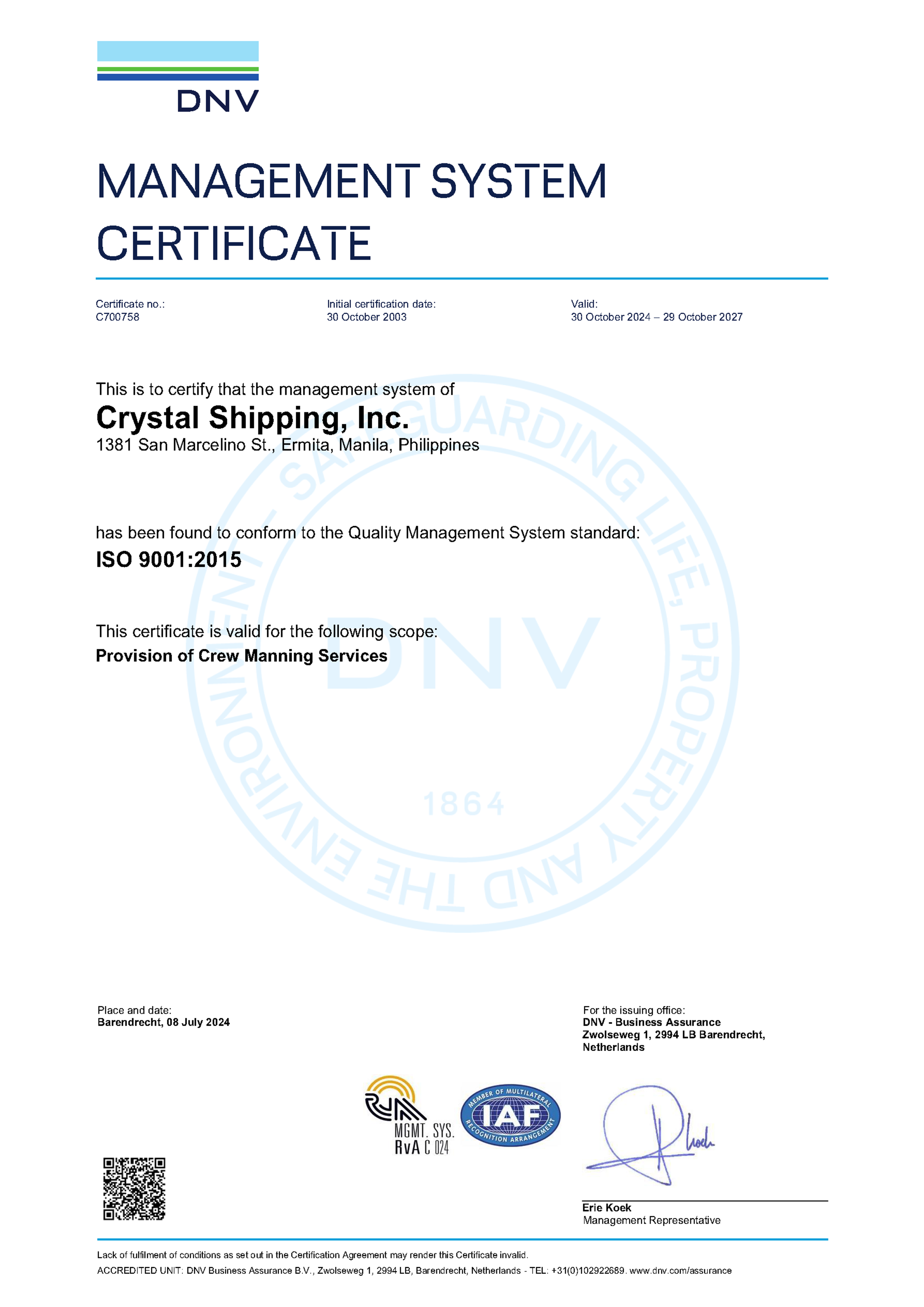 DNV 9001:2015 Certification